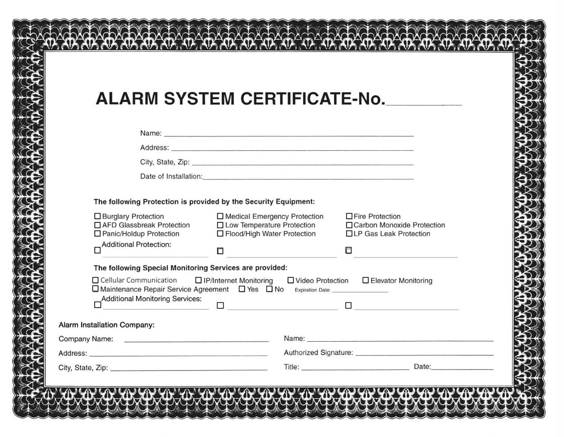 Free Printable Alarm Certificate For Insurance Template